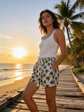 Palm Tree Print Drawstring Beach Shorts - White & Green